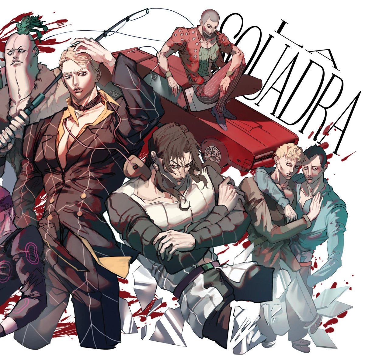 #2025_암살팀_카페 
#LA_SQUADRA_ESECUZIONI

암살팀 전원을 그려볼 기회가 있어서 너무 좋았어요... 
워낙 가로로 넓은 그림이라... 조각내서 공개해봅니다 💜
좋은 행사 열어주셔서 너무 감사하고 역시... 오타쿠들끼리 모여 오타쿠적인 행위를 하는 것은 정말 아름답네요...