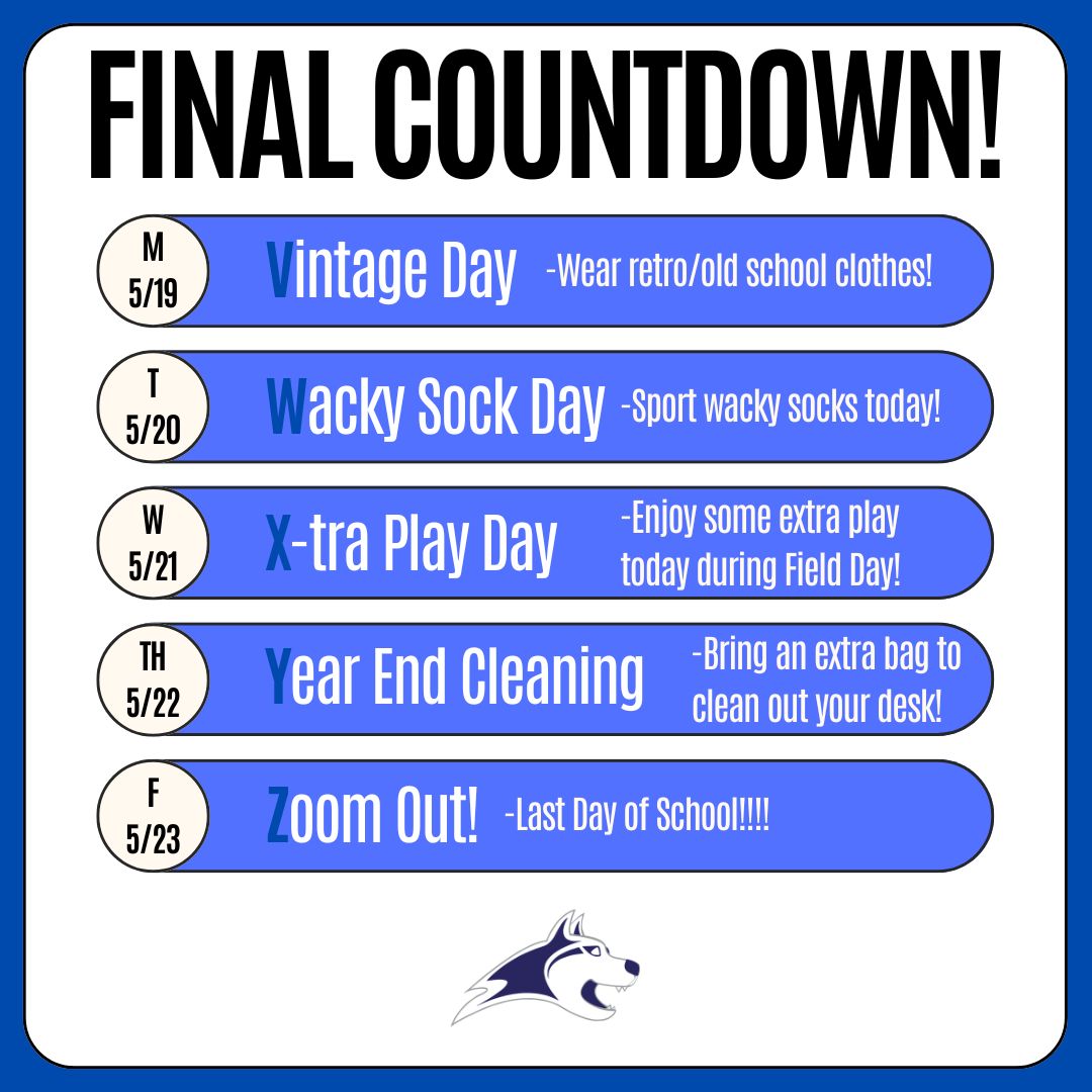 🎉 Final Countdown: May 19–23 🎉
Mon: Vintage 👖
Tues: Wacky Sock 🧦
Wed: X-tra Play 🎉
Thurs: Cleaning Day 🧼
Fri: Zoom Out! 🎓

One last fun week, Wolves! 🐺💙
#FinalCountdown #TWproud #WheatlandsWolves