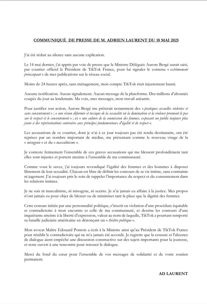 Voici mon communiqué de presse officiel à la suite de la suppression de mon compte TikTok. Merci à vous.