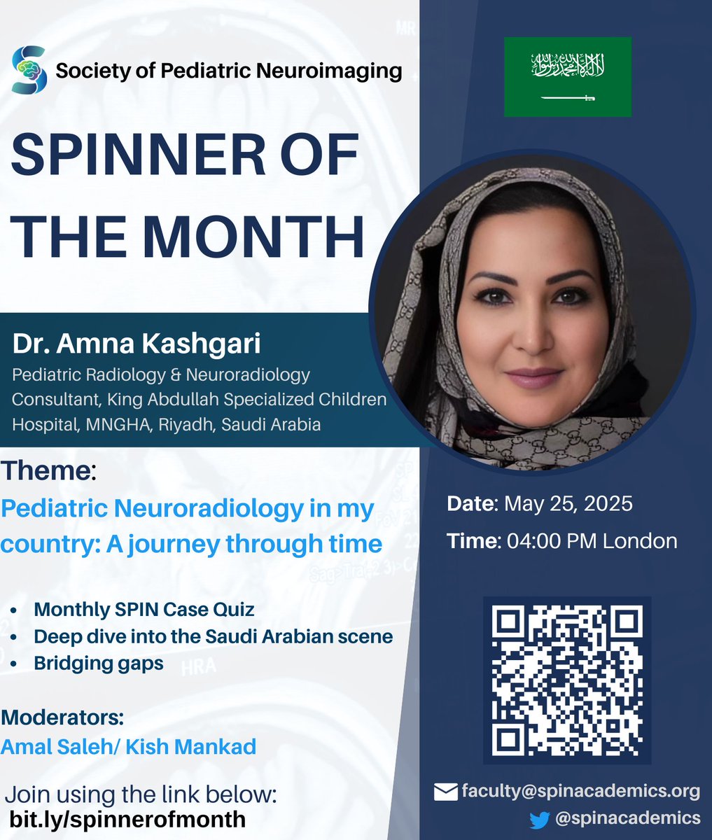 SPIN | Society of Pediatric Neuroimaging (@spinacademics) on Twitter photo This Sunday we head to the Middle East to meet our Spinner of the Month <a href="/AmnaKashgari/">Dr.Amna Kashgari د.آمنة كاشقري</a> . Folks, there are prizes to be won at this event—can you handle the strongly instructive quiz cases from Saudi Arabia?
See you there with <a href="/AmalSalehNour/">Amal Saleh</a> <a href="/drmankad/">Dr Kish Mankad</a> <a href="/zguroztekin/">Özgür Öztekin</a> . This Sunday we head to the Middle East to meet our Spinner of the Month <a href="/AmnaKashgari/">Dr.Amna Kashgari د.آمنة كاشقري</a> . Folks, there are prizes to be won at this event—can you handle the strongly instructive quiz cases from Saudi Arabia?
See you there with <a href="/AmalSalehNour/">Amal Saleh</a> <a href="/drmankad/">Dr Kish Mankad</a> <a href="/zguroztekin/">Özgür Öztekin</a> .
