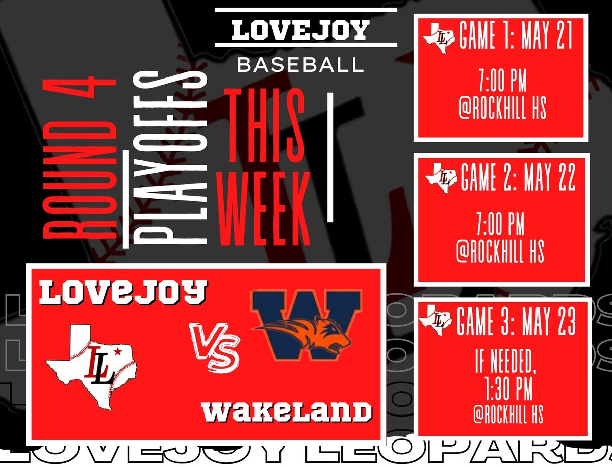 Leopard Nation, HEAR US ROAR! 📣 We're headed to ROUND 4! 🔥⚾️ Your Lovejoy Leopards are still battling, and we need EVERY SINGLE ONE of you to PACK THE STANDS for the next round! Let's make our presence felt and show our boys the unwavering support of Leopard Nation! NOTE: Game