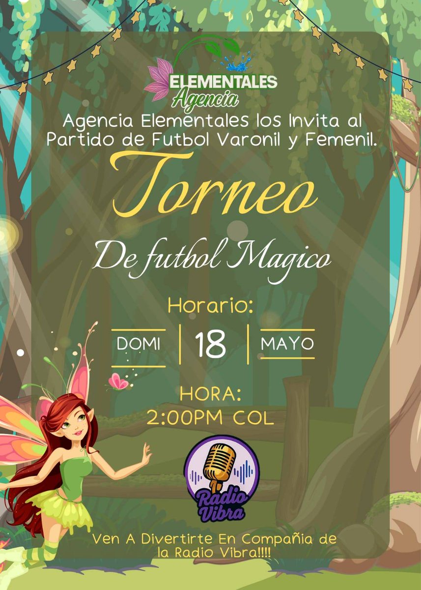⚽ ¿Listos para un día lleno de magia, goles y diversión? 
Este domingo nos sumergimos en el bosque encantado para vivir un torneo de fútbol como nunca antes. Equipos varoniles y femeniles darán todo en la cancha mientras la vibra mágica de <a href="/RadiovibraF/">Radiovibrafm</a> nos compaña.
¡No faltes!