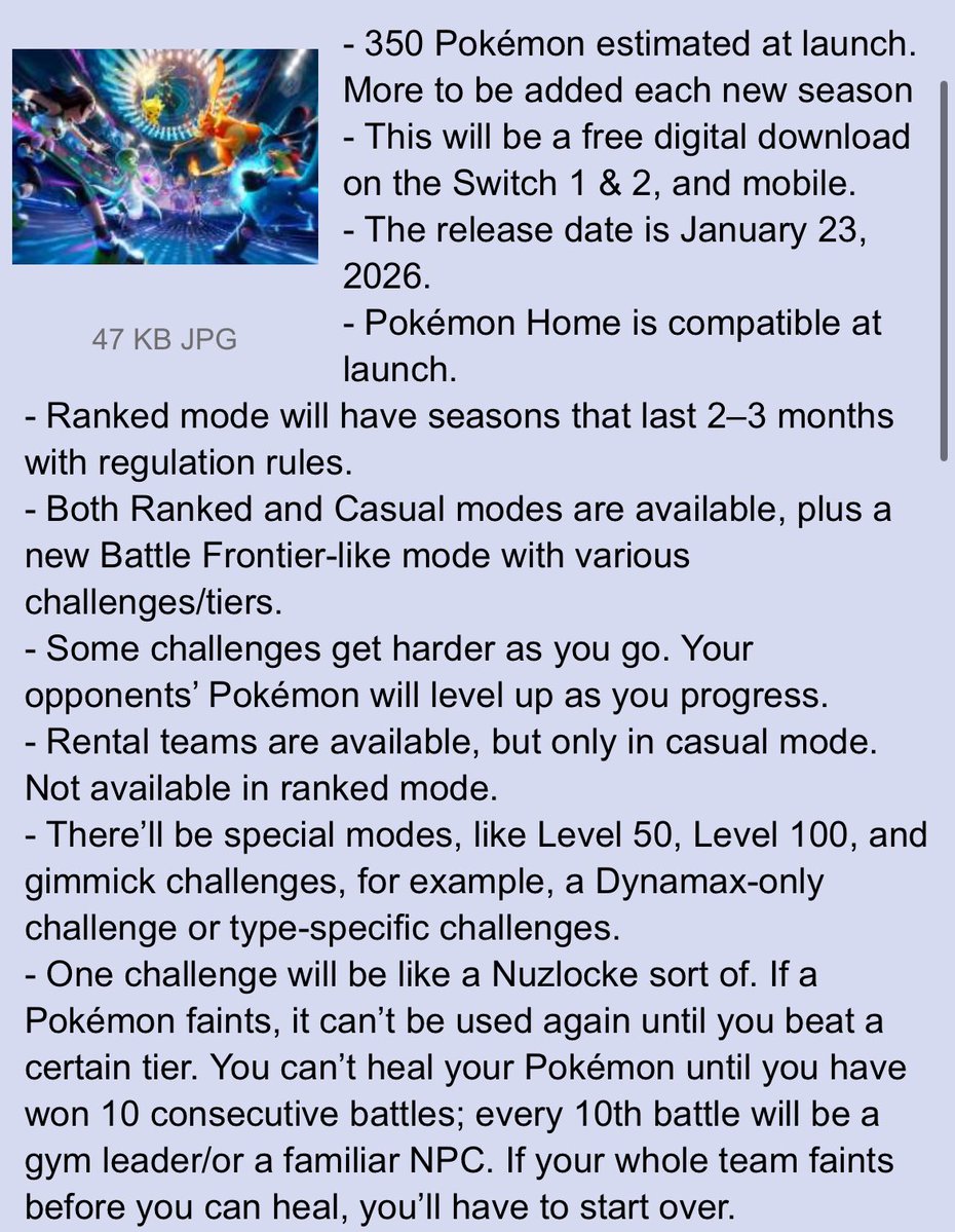 HiddenPowerPod's tweet image. A New Pokémon Champions rumor has surfaced detailing the platforms & progression
- Switch 1/2, Mobile
- 350 Pokemon at launch
- Battle Frontier-like & Nuzlocke-like modes
- In-game currency for customization, can be earned or bought (microtransactions)
- Launches January 23 2026