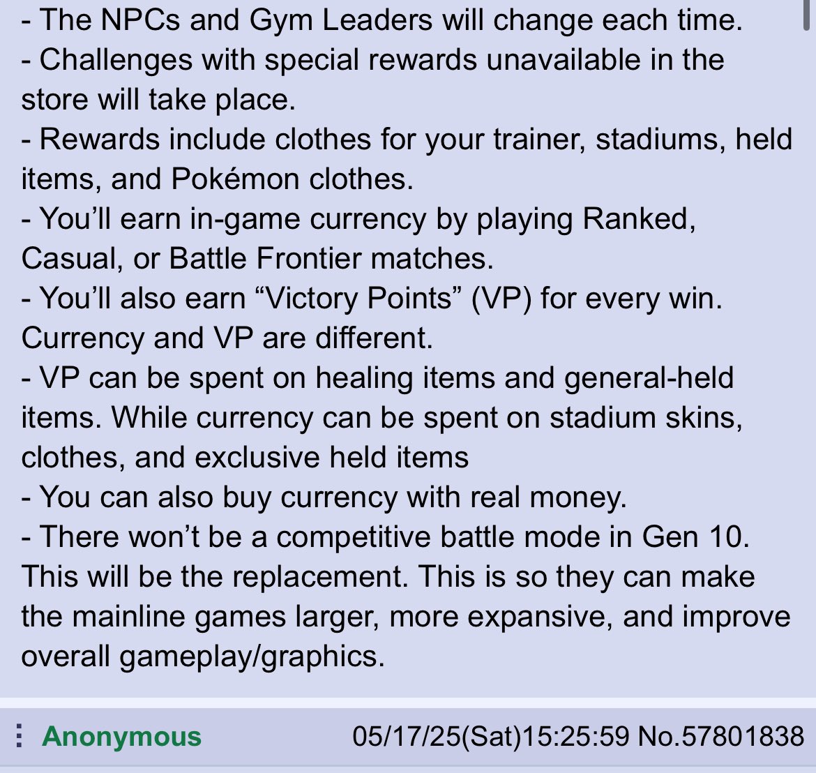 HiddenPowerPod's tweet image. A New Pokémon Champions rumor has surfaced detailing the platforms & progression
- Switch 1/2, Mobile
- 350 Pokemon at launch
- Battle Frontier-like & Nuzlocke-like modes
- In-game currency for customization, can be earned or bought (microtransactions)
- Launches January 23 2026