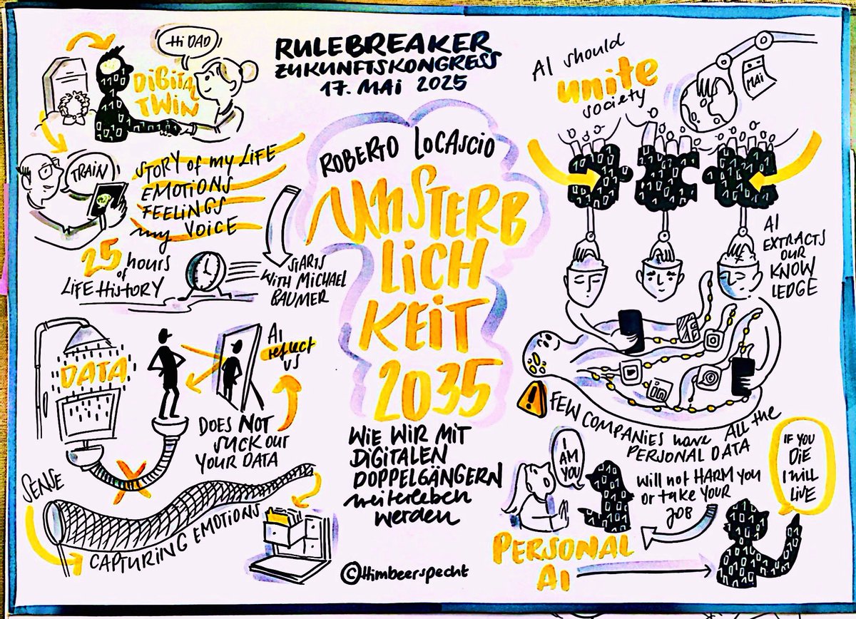 himbeerspecht's tweet photo. 🤯 Mein Kopf raucht!
Gestern verbrachte ich den ganzen Tag beim Rulebreaker Zukunftskongress in Leipzig – Thema: Digitalisierung als größte Chance der Menschheit?
Hier ist mein Sketchnote zu KI &amp; Longevity – spannende Einblicke in viele Branchen!
Danke an @2bahead &amp; @janszky https://t.co/Cj7g8j0Vyx
