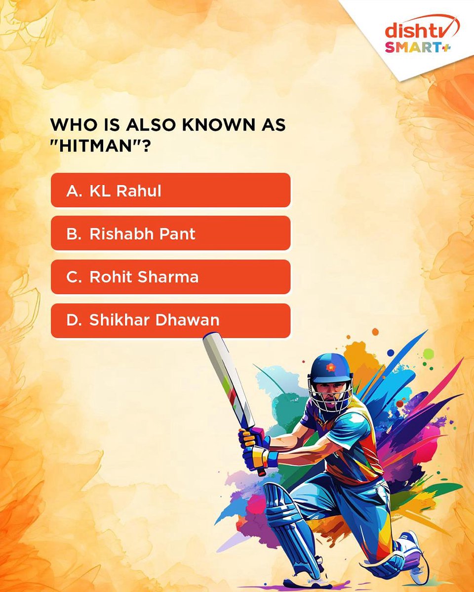 DishTV_India's tweet photo. Drop your answer in the comments & tag a fellow fan whoโll get this right!
More cricket quizzes coming your way with DishTV Smart+ ๐ฅ
#DishTVSmartPlus #T20Trivia #Hitman #RohitSharma #CricketQuiz #KnowYourCricketer #CricketLove #T20Challenge https://t.co/IL9aTi1YfN
