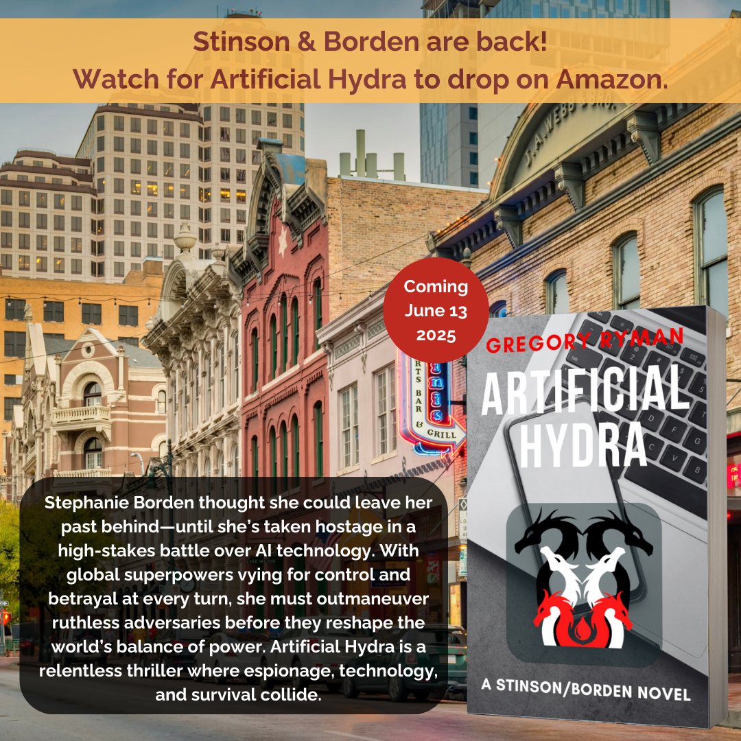 Stinson &amp; Borden are back! Watch for Artificial Hydra to drop on Amazon June 13th! 

amazon.com/dp/B0CRQTQJHP?…

#spyfiction #AIThriller #ThrillerBooks #NewBook #intelligence #indieauthor #spy
