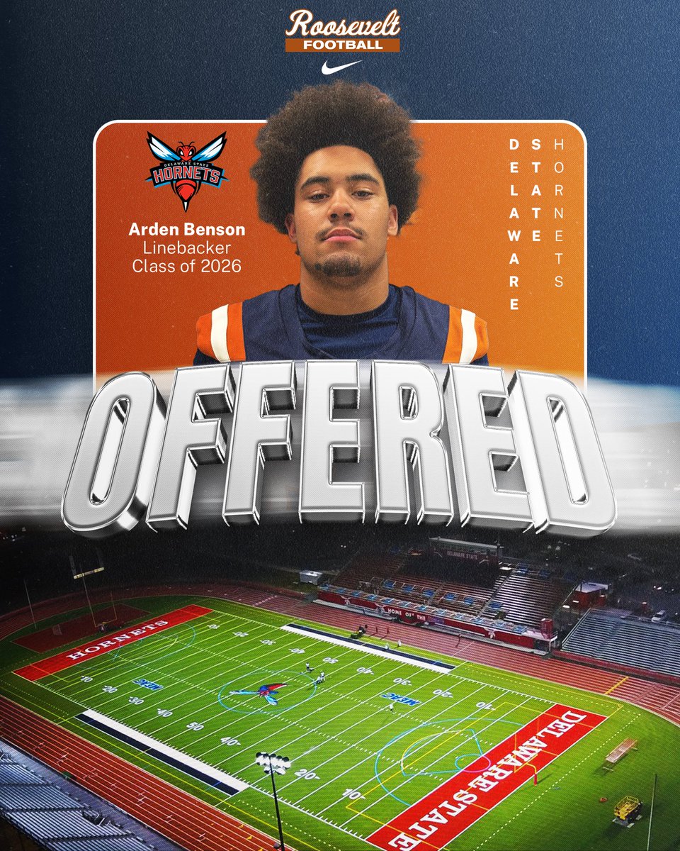 Eastvale Roosevelt Football (@rooseyfb) on Twitter photo Congratulations to <a href="/_ardenxbenson/">Arden Benson | 2026 LB</a> on earning an offer to <a href="/DelSt_Football/">Delaware State FB</a>
#HEART #TheValeStandard Congratulations to <a href="/_ardenxbenson/">Arden Benson | 2026 LB</a> on earning an offer to <a href="/DelSt_Football/">Delaware State FB</a>
#HEART #TheValeStandard