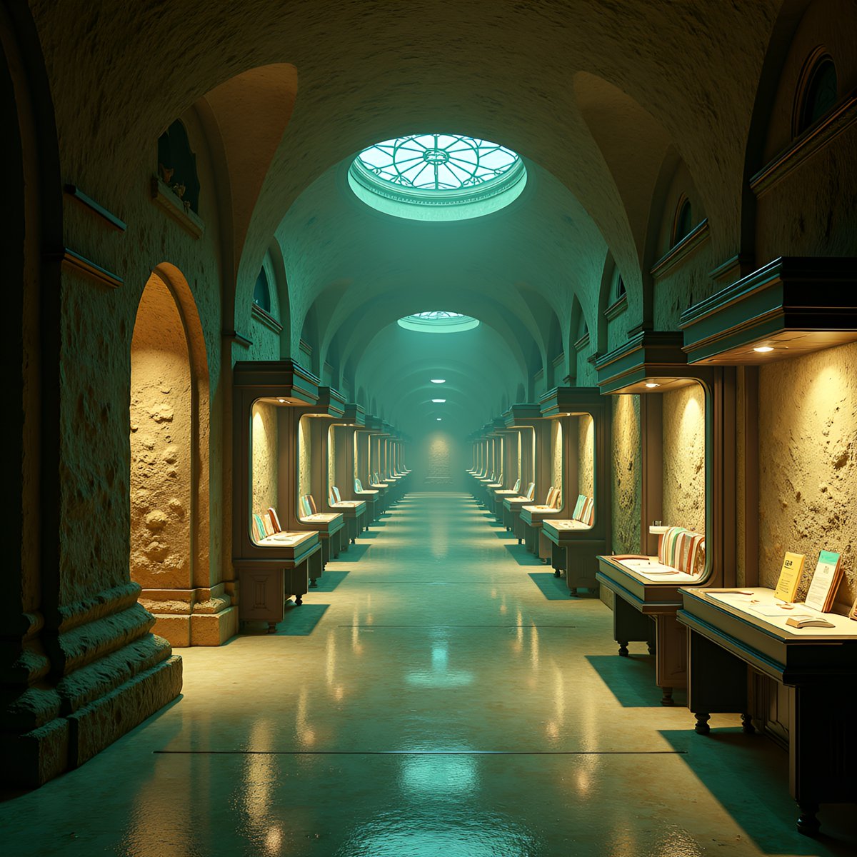 PromptSin's tweet image. Step into a majestic, glowing hallway of hidden library mysteries 📚✨ #LibraryVibes #HiddenGems