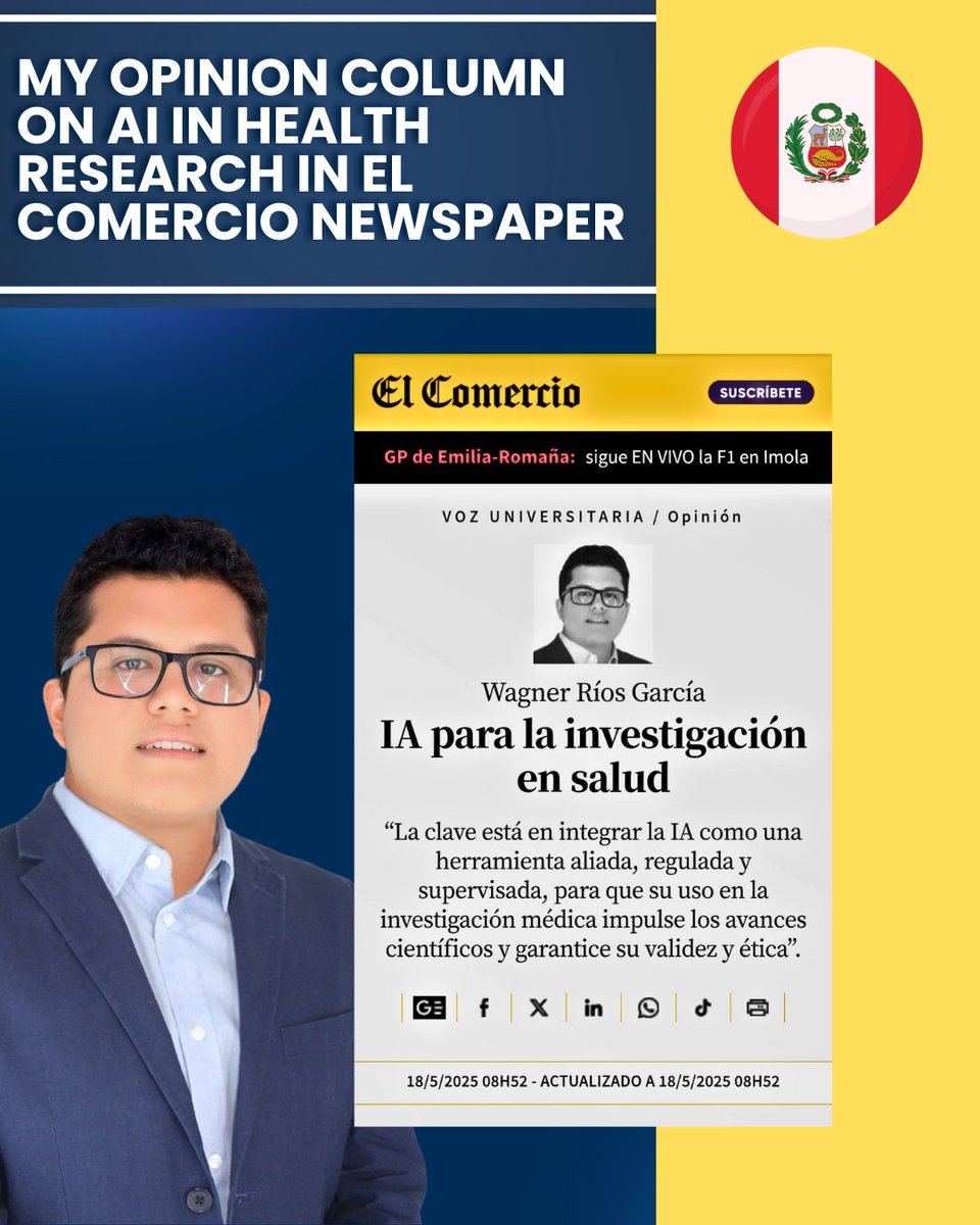 Good morning, friends!
I’m very excited to share my opinion column in El Comercio newspaper about Artificial Intelligence for Health Research, one of the most widely read newspapers in Peru 🇵🇪.
elcomercio.pe/opinion/voz-un…
<a href="/elcomercio_peru/">El Comercio</a>  #research #Health #AI