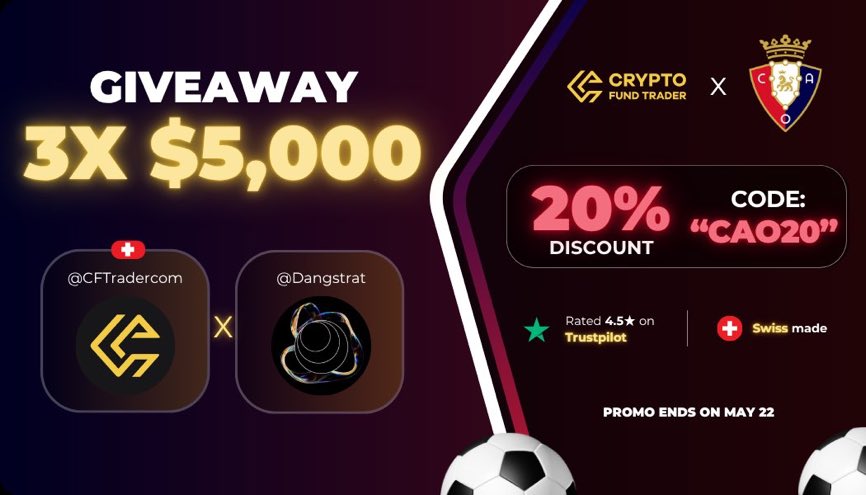 Dangstrat (@dangstrat) on Twitter photo 📣GIVEAWAY📣
Huge congrats to <a href="/CFTradercom/">Crypto Fund Trader</a> on their new partnership with <a href="/Osasuna/">C. A. OSASUNA</a>! In celebration we are giving away:
3 x $5,000 Challenge Accounts🔥
Rules:
✅Follow <a href="/Dangstrat/">Dangstrat</a> <a href="/CFTradercom/">Crypto Fund Trader</a>
✅Retweet & Like this post
✅Tag 2 friends
Also use our special promotion going on 📣GIVEAWAY📣
Huge congrats to <a href="/CFTradercom/">Crypto Fund Trader</a> on their new partnership with <a href="/Osasuna/">C. A. OSASUNA</a>! In celebration we are giving away:
3 x $5,000 Challenge Accounts🔥
Rules:
✅Follow <a href="/Dangstrat/">Dangstrat</a> <a href="/CFTradercom/">Crypto Fund Trader</a>
✅Retweet & Like this post
✅Tag 2 friends
Also use our special promotion going on