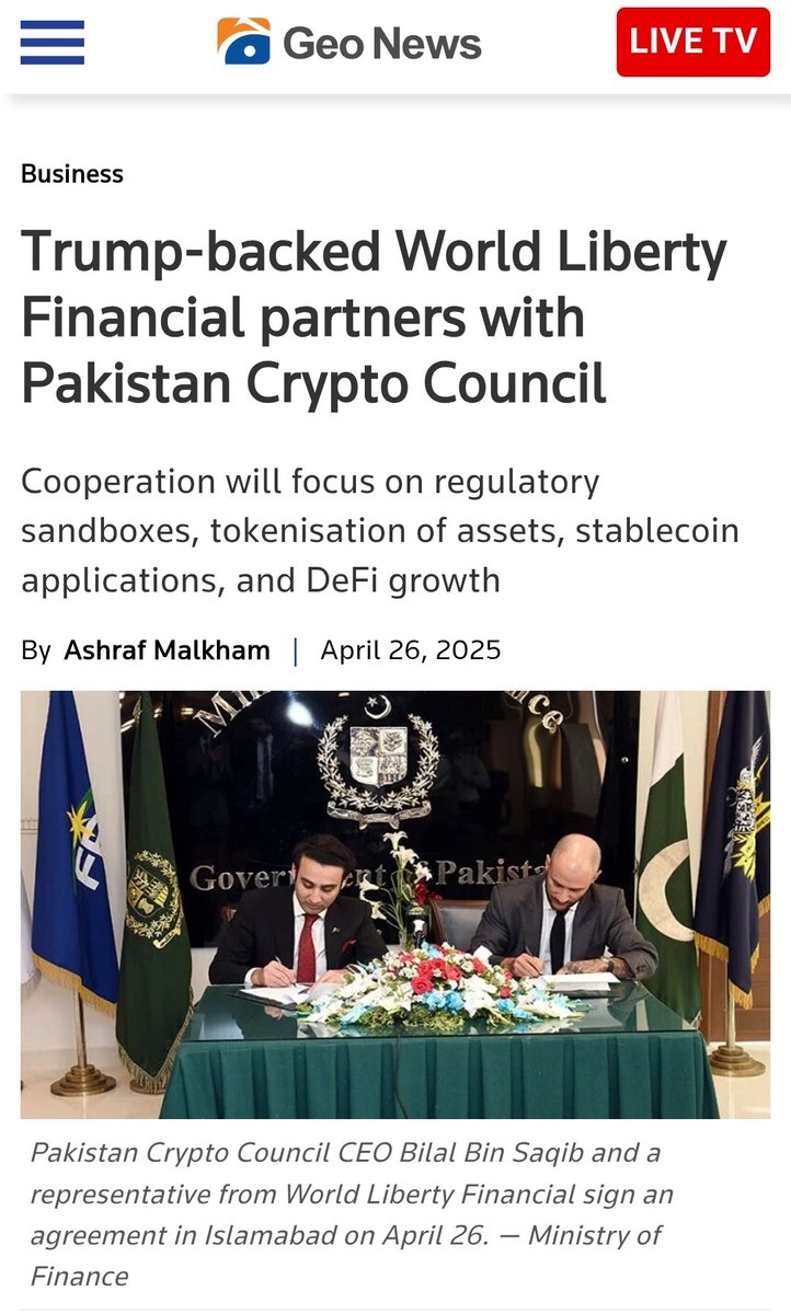 Utkarsh Tiwari (@samaysabkaatahe) on Twitter photo A Reality Check for every Indian of a Strategic Alliance
On April 26, 2025, 
Pakistan's government-backed Pakistan Crypto Council (PCC) signed a Letter of Intent with World Liberty Financial (WLF), a DeFi firm with significant backing from Donald Trump's family. This A Reality Check for every Indian of a Strategic Alliance
On April 26, 2025, 
Pakistan's government-backed Pakistan Crypto Council (PCC) signed a Letter of Intent with World Liberty Financial (WLF), a DeFi firm with significant backing from Donald Trump's family. This