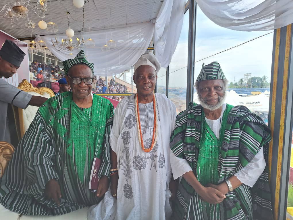 IbadanChamber's tweet photo. From left: Chief Wole Akinwande,  Past President of ICCI,  Senator Rasheed Adewolu Ladoja,  Frmr Executive Governor of Oyo State and IPP and Chairman BOT of ICCI,  Arch. Bamidele Samson at the grand finale of the 2025 Ibadan Cultural Festival held at Liberty Stadium,  Ibadan https://t.co/RZESgSjO1R