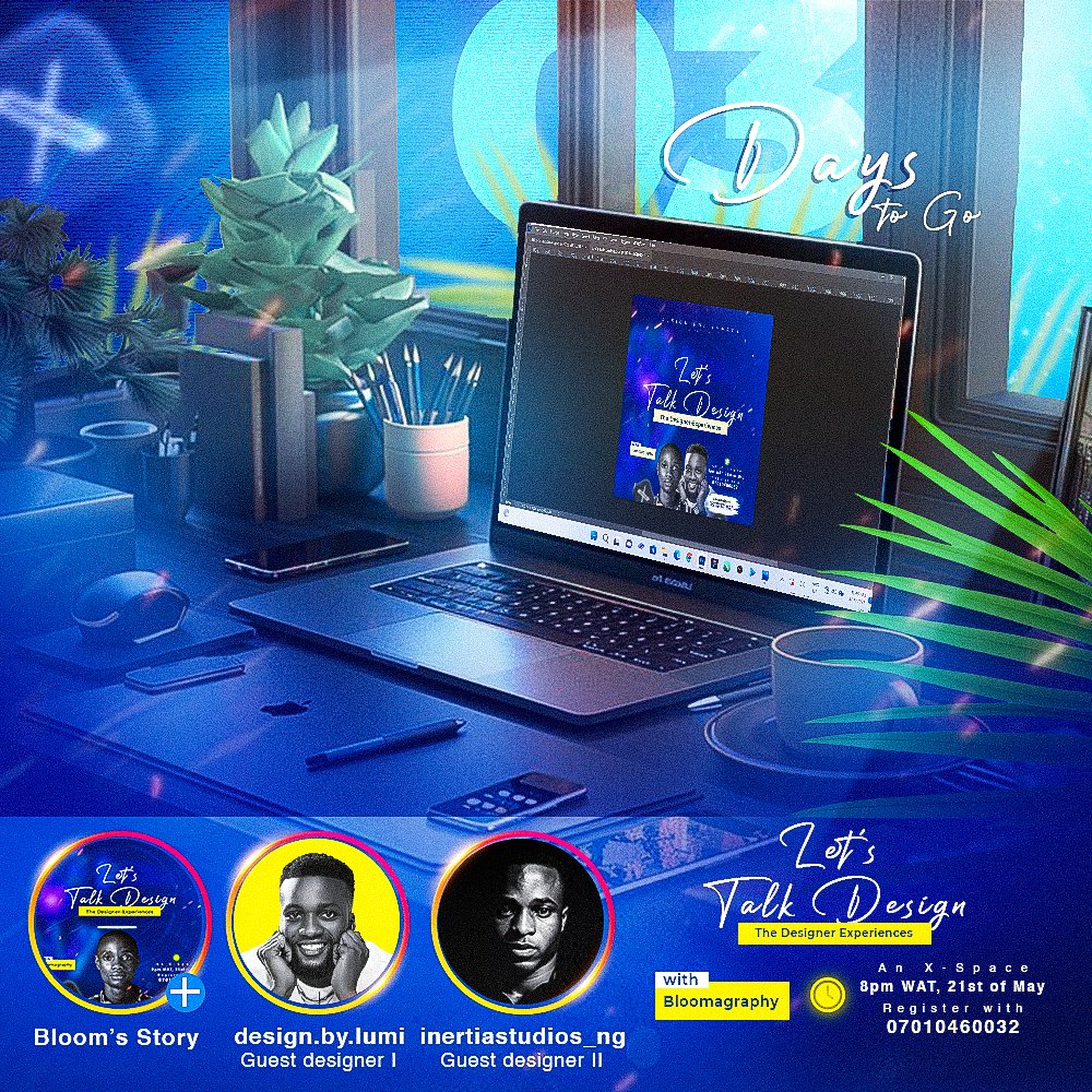BloomAnimates's tweet image. 3days to goooo! ❤️‍🔥❤️‍🔥🔥🔥

Designers &amp;amp; creatives, are you ready!?

“Let’s Talk Design – The Designer Experiences” is happening May 21st, 8PM WAT on X-Space with Bloomagraphy 

Real talk. Real stories. Don’t miss it!
#LetsTalkDesign #DesignCommunity #CreativeTalks 
#GraphicDesigner