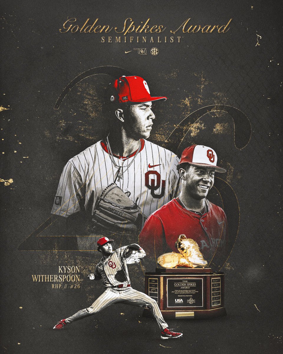 Oklahoma Baseball (@ou_baseball) on Twitter photo among the elite ๐
Kyson Witherspoon named a <a href="/USAGoldenSpikes/">Golden Spikes Award</a> semifinalist ยป ouath.at/KWGSS among the elite ๐
Kyson Witherspoon named a <a href="/USAGoldenSpikes/">Golden Spikes Award</a> semifinalist ยป ouath.at/KWGSS