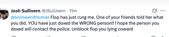 JSullivern's tweet photo. @PinocchPrincess CAN YOU TELL YOUR CRAZY FRIEND WHO JUST BLOCKED ME FOR TELLING HER SHE DOXED THE WRONG PERSON. She's in a lot of trouble for defamation and lying about flop. Theres a long story behind duchess sick of it all that involves the police. She's not the real flop! https://t.co/CTIAiGUkpk
