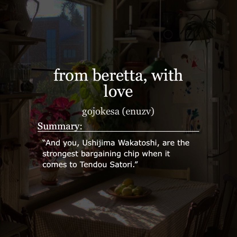 gojokesa's tweet photo. from beretta, with love

✧ #ushiten #牛天 #kawagata #山川
✧ english, M (for violence), 5.3k words
✧ last part of the espionage au
✧ written for @tendouweek2025 day 1 – miracle

#tendouweek2025

https://t.co/iFNvfps0we https://t.co/JfsvMRgtIg