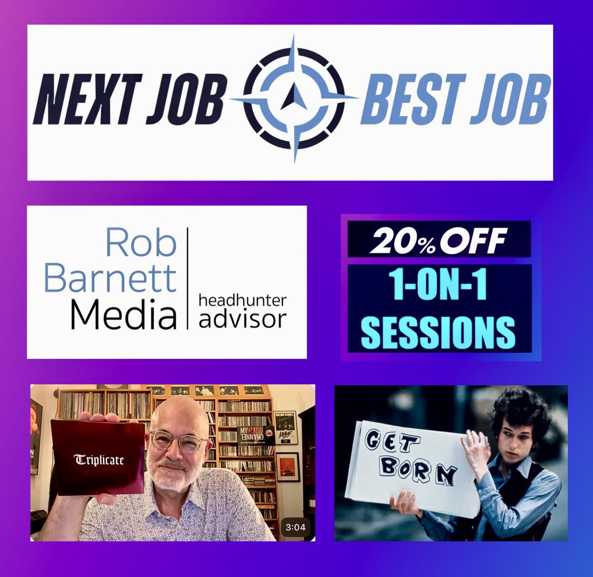 The new pre-bday / pre-holiday video inside…

+ Congrats for 4 clients all winning new jobs

+ Discounts until June 1st on Career Sessions:

All here: shorturl.at/bRRqw

RobBarnettMedia.com 

#NextJobBestJob