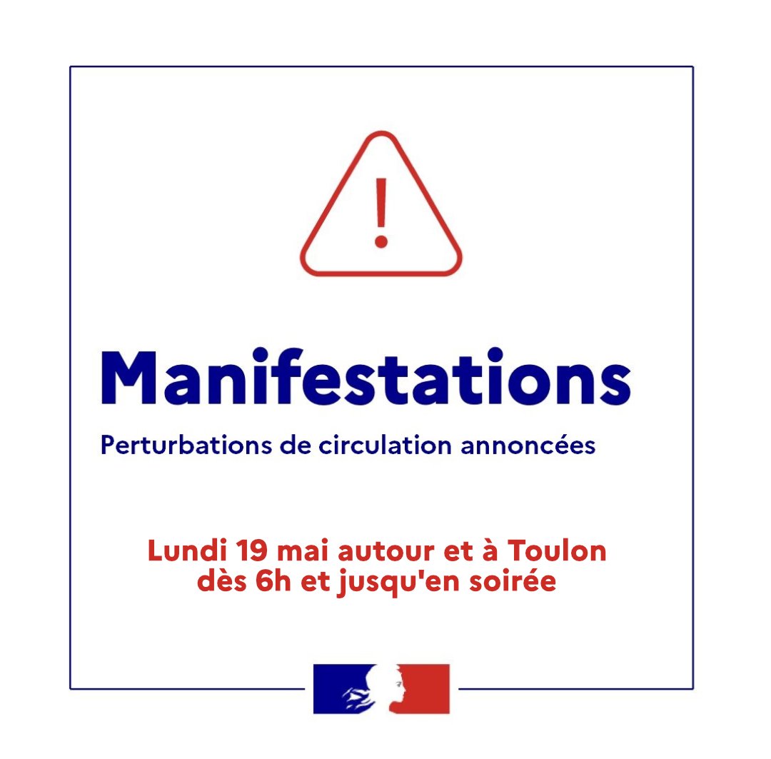 #Manifestations | ⚠️ Dans la matinée du lundi 19 mai, des opérations escargot de taxis sont attendues sur  l’A50, A57 et A8 ainsi que dans le centre-ville de #Toulon.
➡️ Les cortèges ont prévu de se rassembler dès 5h30 au centre commercial d’Ollioules et sur l’aire d’autoroute de