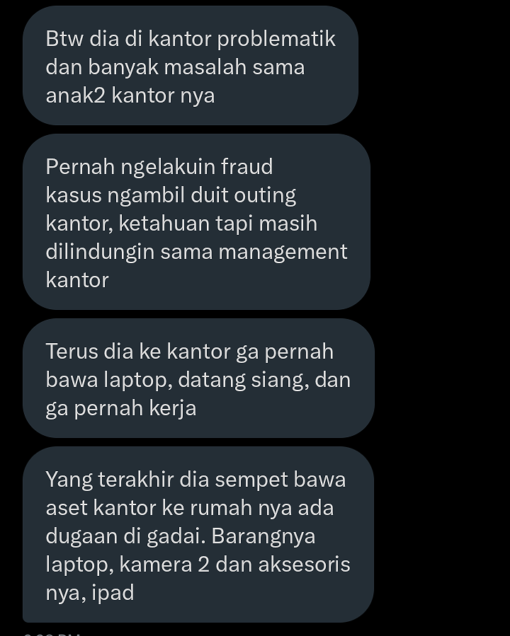 Vitaay_'s tweet photo. Ga cuma pelaku kekerasan seksual, ternyata @jackjackparrr dikantornya juga ahli bawa kabur duit outing dan bawa pulang aset kantor kya laptop, kamera, ipad. Gila multitasking kriminalnya level dewa https://t.co/cBCN884Ro4