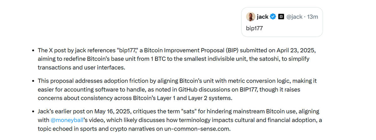 cfm_sol's tweet photo. $bip177 598k now dyor

CA:EzaNX1MHGzwAMHJahgLVWLzXBvHBtmP2uvufAdofpump

gmgn:https://t.co/jvLKBYIacf

axiom:https://t.co/ML08bsU1Zc 

Token Narrative:BIP177 is a recent proposal to redefine the term “bitcoin” to refer to the smallest possible unit on the network, currently known as a satoshi

So under BIP177, what we now call one bitcoin (BTC) would become 100 million bitcoins

Each bitcoin would be worth the same as a satoshi today.