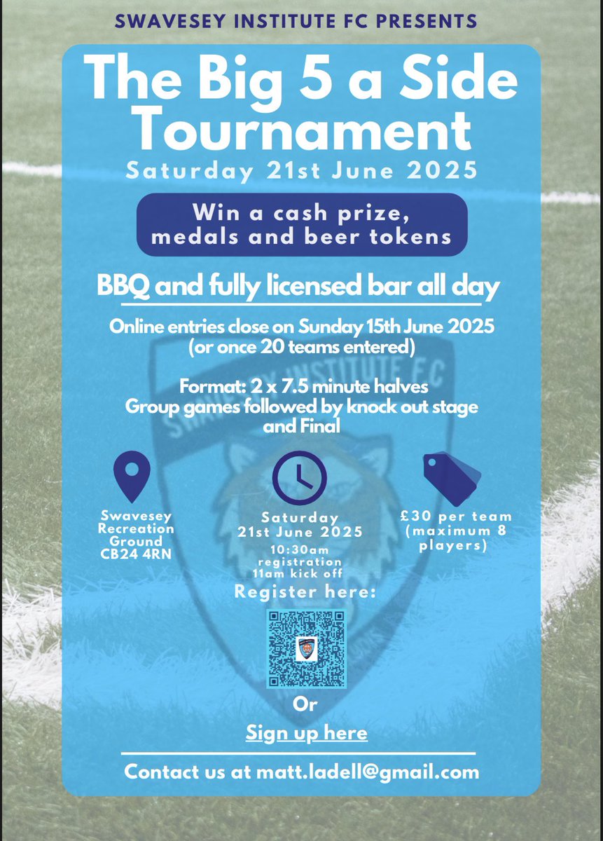 Lots of local clubs already signed up! Got Somersham, Shelford, Hampton, St Ives, Swavesey and the current holders from
Cambridge City ⚽️ 🏆 not many spaces left, so get your teams in quickly!