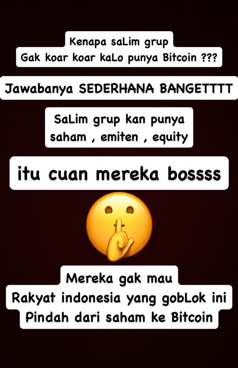 Salahudin255101's tweet photo. Kenapa konglomerat diem-diem pegang Bitcoin tapi gak pernah kampanyein?
Karena mereka cuan dari saham & gak mau rakyat sadar ada aset yang lebih terbuka!
Mereka tahu... kalau rakyat pindah ke Bitcoin, sistem mereka runtuh.
#Bitcoin #SalimGroup #MindBlown #CryptoIndonesia https://t.co/zoF7i4Nczo