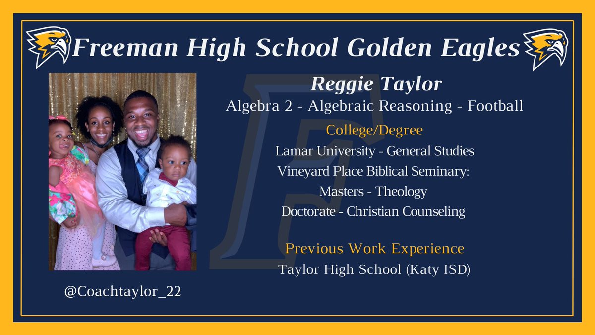 Jacqueline Cordova Vela (@jcordovamath) on Twitter photo We're thrilled to welcome Reggie Taylor to our flight crew! @Coachtaylor_22 is ready to tackle tough problems and multiply our wins—on the field and in the classroom! <a href="/GoldenFHSEagles/">Freeman High School</a> We're thrilled to welcome Reggie Taylor to our flight crew! @Coachtaylor_22 is ready to tackle tough problems and multiply our wins—on the field and in the classroom! <a href="/GoldenFHSEagles/">Freeman High School</a>