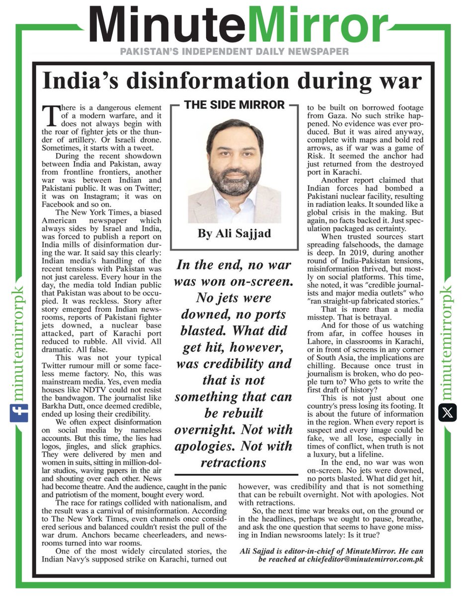 AliSajjadceo's tweet photo. My Column #TheSideMirror 
We often expect disinformation on social media by nameless accounts. But this time, the lies had logos, jingles, and slick graphics. They were delivered by men and women in suits, sitting in million-dollar studios, waving papers in the air, and shouting over each other. News had become theatre. The audience, caught in the panic and patriotism of the moment, bought every word.
To Read article:
https://t.co/YiCnCfYuwY