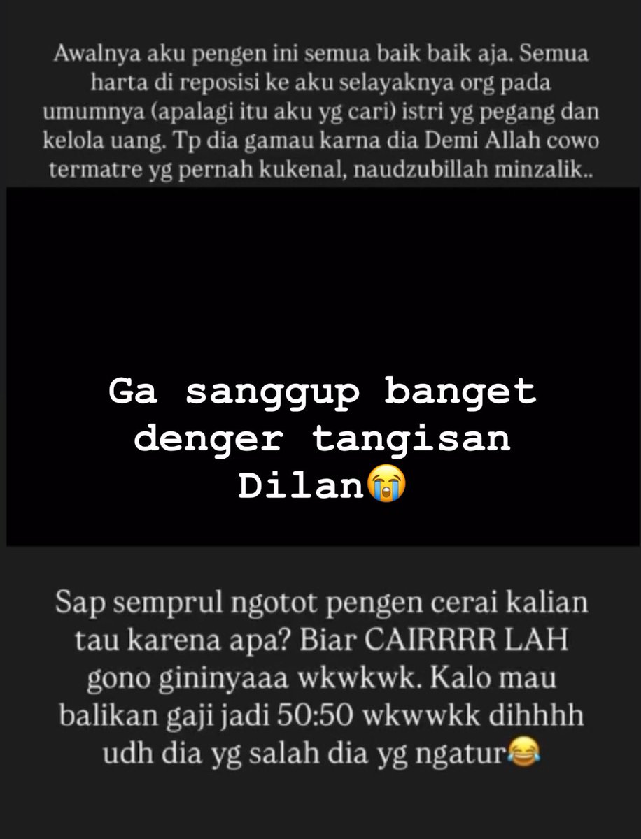 Dilan ngespill rekaman baru. gak tega njirr denger dilan nangis segitu nya🥺😭

dari sini bisa liat kenapa dilan skrng kaya gini mungkin krna udah terlalu sakit dan muak, padahal dsini dilan lembut banget dari nada bicara nya tipe2 anak yg penurut, istri penurut🥺