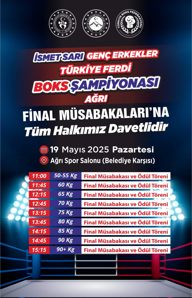 Haydi #Ağrı Büyük Finale Bekliyoruz !

İsmet Sarı Genç Erkekler Türkiye Ferdi Boks Şampiyonası'nın Final Müsabakalarına Tüm Halkımız Davetlidir!

#SporKentiAğrı