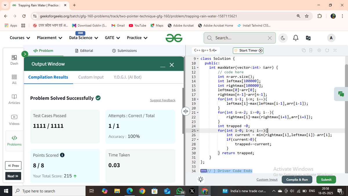 ashutosh_m03's tweet photo. Day 59 of my #GFG160DaysCodingChallenge ||| Longest Trapping Rain Water!!! #gfg160 #geekstreak2025 #geeksforgeeks #160DaysOfCode
@geeksforgeeks https://t.co/PoTfeYTbnL