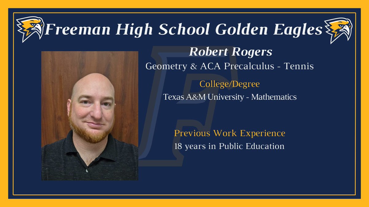 Jacqueline Cordova Vela (@jcordovamath) on Twitter photo Our staff just got a new angle — welcome Robert Rogers! He’s got the right formula for fun and learning, and he knows hows to connect the dots from confusion to clarity— it’s going to be an exponentially awesome year! <a href="/GoldenFHSEagles/">Freeman High School</a> Our staff just got a new angle — welcome Robert Rogers! He’s got the right formula for fun and learning, and he knows hows to connect the dots from confusion to clarity— it’s going to be an exponentially awesome year! <a href="/GoldenFHSEagles/">Freeman High School</a>