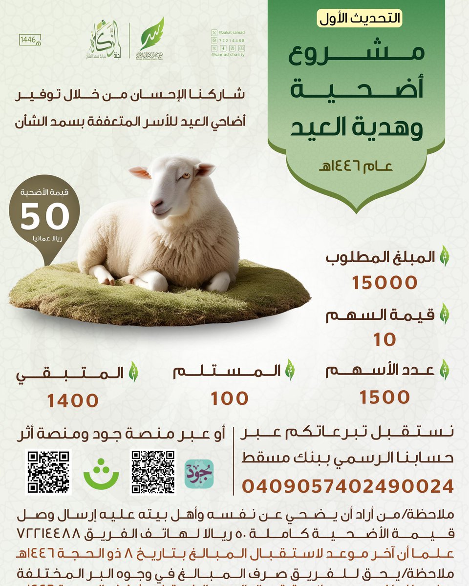 التحديث الأول

أسرة تجتمع على أضحية بفضل إحسانكم.
في مشروع أضحية وهدية العيد، عطاؤكم يصنع عيدًا مختلفًا.
لا تنتظر، كن أنت سبب البهجة لهذه الأسر 🌿

للتبرع عبر منصة جود
jood.om/ar/Donate/Init…

#فريق_سمد_الشأن_الخيري
#لجنة_الزكاة_بسمد_الشأن
#بتآزرنا_وتكافلنا_يستمر_العطاء