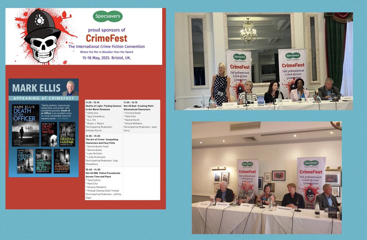 MarkEllis15's tweet photo. On 2 excellent #CrimeFest panels in Bristol yesterday with a great bunch of authors. (And no I don’t know what was attracting my attention in the bottom photo!) https://t.co/heoIxLn2NV
