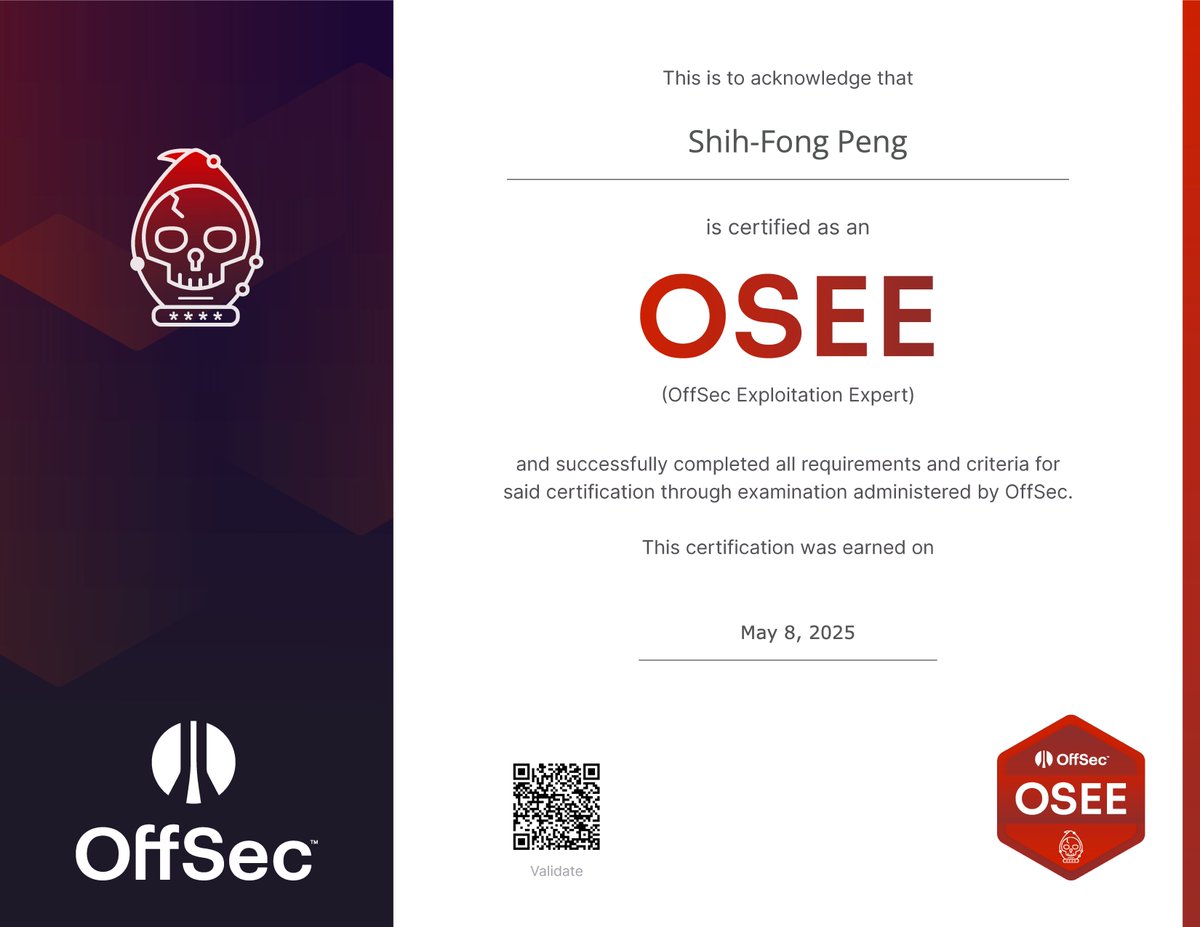 Just got my OSEE certification, was easier than expected but still enjoyable. 
Also thanks to <a href="/d3vc0r3/">DEVCORE</a>  for bringing this course to Taiwan!