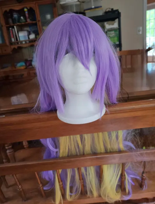 PhantomPlz's tweet photo. It took a long time but I finally created my #Moona_Hoshinova wig and only one week before momocon. 💜💛Don't have a good way to show it off. :( https://t.co/jtVOTV2HGX