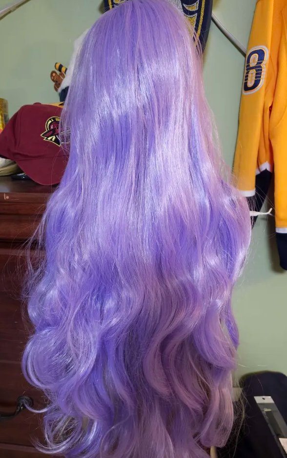 PhantomPlz's tweet photo. It took a long time but I finally created my #Moona_Hoshinova wig and only one week before momocon. 💜💛Don't have a good way to show it off. :( https://t.co/jtVOTV2HGX