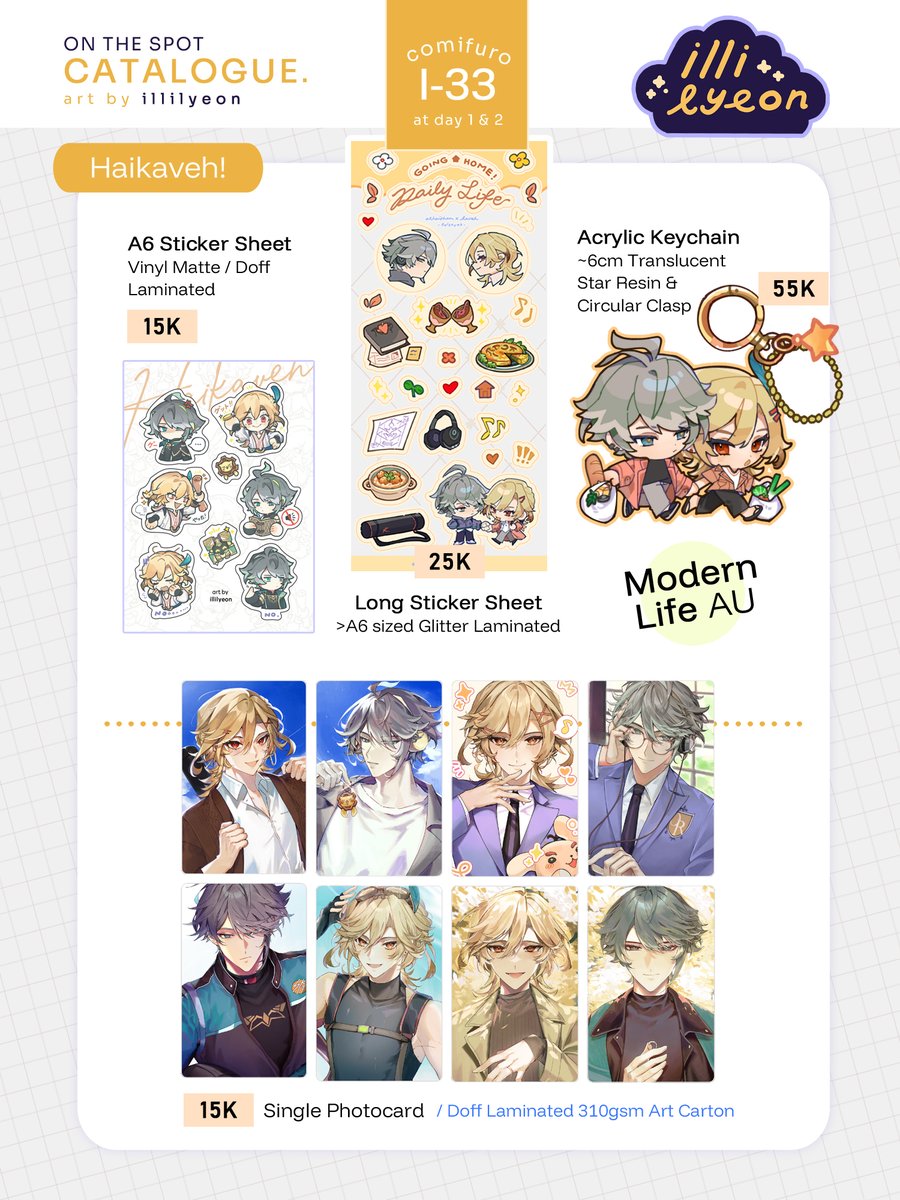 illilyeon's #CFXX catalogue is here! 
✨ ICE BSD @ 24-25 May / Booth I-33
✨ Cash &amp; QRIS OK!

Available merchs at fandoms: 
📌 HSR, Love &amp; Deepspace, Haikaveh, Ratiorine
HSR &amp; Haikaveh Stamp Rally available ✨

More details on the thread ⬇️
#CFXXcatalogue #ComifuroXX