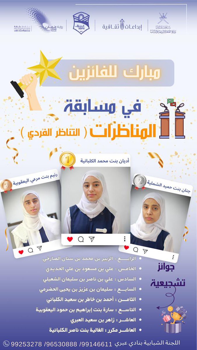 اللجنة الشبابية بـ #نادي_عبري تختتم مسابقة التناظر الفردي ضمن مسابقة #إبداعات_ثقافية، بمشاركة واسعة من المتناظرين على مدى يومين، في أجواء حوارية ثرية أفرزت مواهب واعدة في فن التناظر القيادي