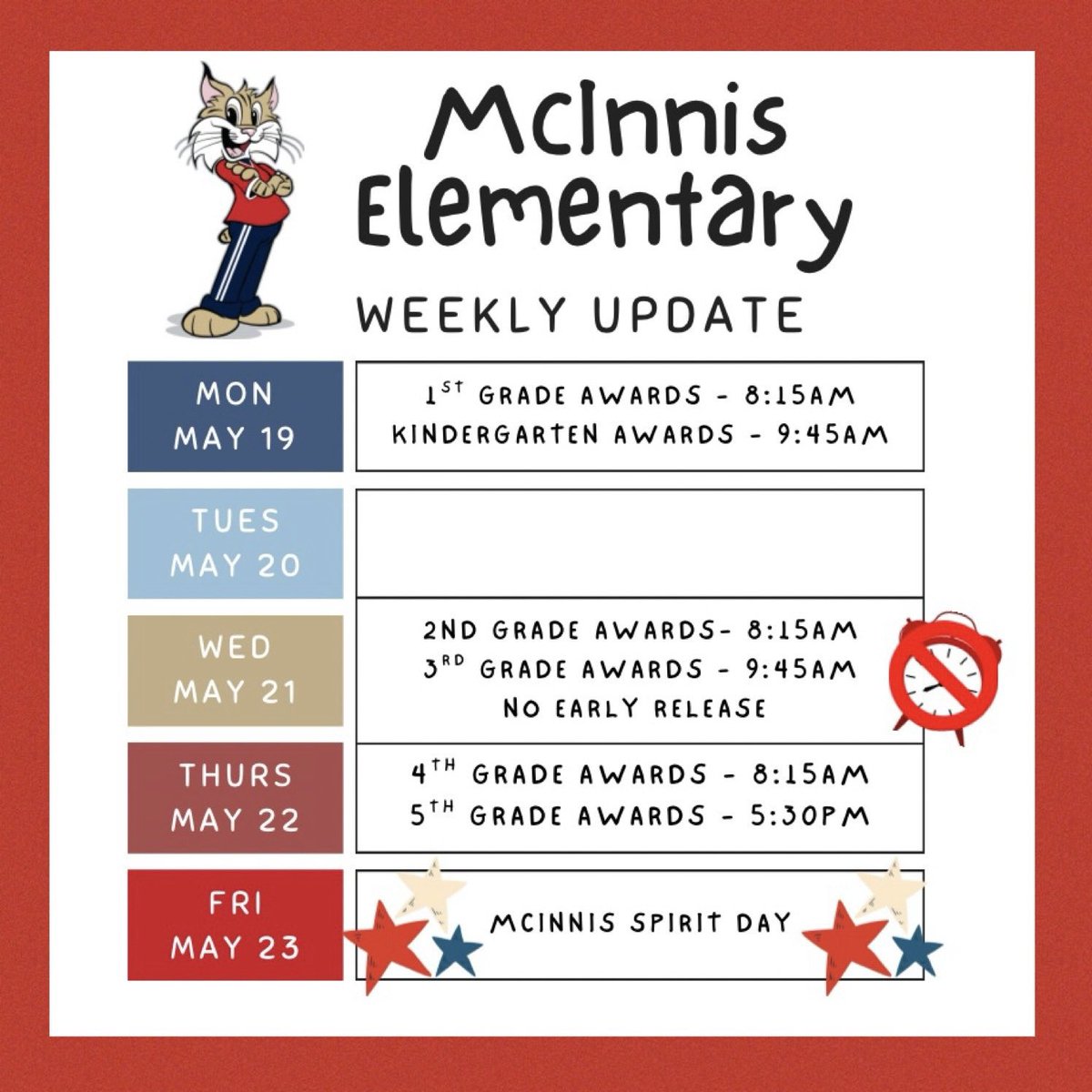 Hey Bobcats! 🐾

🎉 It’s End of Year Awards Week! 🎉
📍 K–4th @ McInnis: Doors open 15 min before scheduled time. Bring your ID to sign in at the front office.
📍 5th Grade @ Taylor Middle High: Auditorium doors open at 5:00 PM.

#TeamMcInnis❤️💙