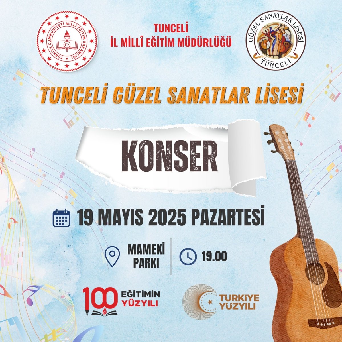 Tunceli İl Millî Eğitim Müdürlüğü (@tunceli_mem) on Twitter photo Tunceli Güzel Sanatlar Lisesinden "Gençlik Konseri"🎶
19 Mayıs Atatürk'ü Anma Gençlik ve Spor Bayramı dolayısıyla gençlerimiz tarafından konser düzenlenecektir.
📆: Yarın
⏰: 19.00
📍:Mameki Parkı
<a href="/tcmeb/">Millî Eğitim Bakanlığı</a> <a href="/Yusuf__Tekin/">Yusuf Tekin</a> <a href="/meb_ogm/">Ortaöğretim Genel Müdürlüğü</a>
<a href="/h_ibrahim_topcu/">Halil İbrahim TOPÇU</a> <a href="/TekbBulent/">Bülent TEKBIYIKOĞLU</a> <a href="/BahameddinK/">Bahameddin KARAKÖSE</a> #19Mayıs Tunceli Güzel Sanatlar Lisesinden "Gençlik Konseri"🎶
19 Mayıs Atatürk'ü Anma Gençlik ve Spor Bayramı dolayısıyla gençlerimiz tarafından konser düzenlenecektir.
📆: Yarın
⏰: 19.00
📍:Mameki Parkı
<a href="/tcmeb/">Millî Eğitim Bakanlığı</a> <a href="/Yusuf__Tekin/">Yusuf Tekin</a> <a href="/meb_ogm/">Ortaöğretim Genel Müdürlüğü</a>
<a href="/h_ibrahim_topcu/">Halil İbrahim TOPÇU</a> <a href="/TekbBulent/">Bülent TEKBIYIKOĞLU</a> <a href="/BahameddinK/">Bahameddin KARAKÖSE</a> #19Mayıs