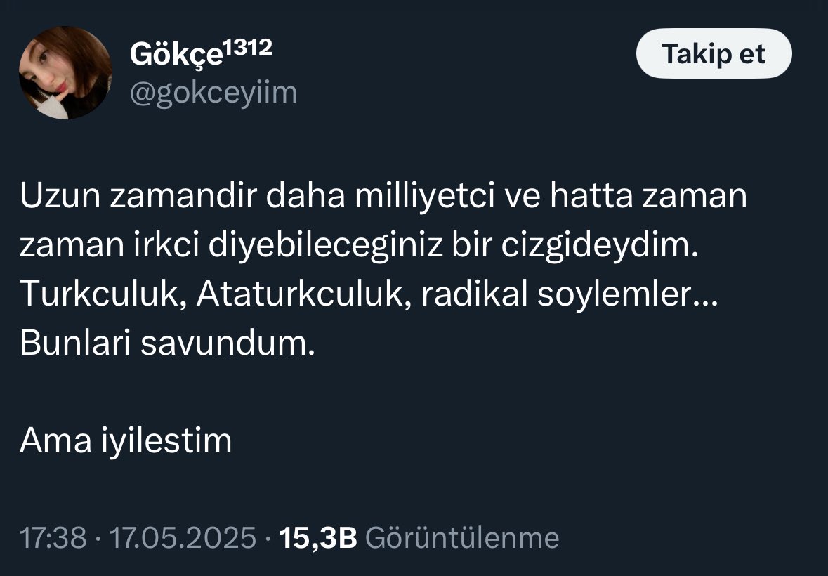 Şu tarz “eskiden türkçüydüm ama çok saçma gelmeye başladı, artık değilim.” tweetlerini bu sıralar çok görmeye başladım. Ve bu bana çok komik geliyor. 

Siz hiçbir zaman türkçü değildiniz. Hiçbir zaman olmadınız. 

Sadece bir dönem Türkçülük twitterda çok popüler oldu, siz de bu