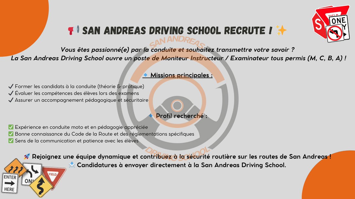 SADSSadoj2's tweet photo. 🚨 RECRUTEMENT🚨

La San Andreas Driving School est à la recherche d’un Moniteur Instructeur / Examinateur tous permis !

Tu es passionné(e) par la conduite et tu as envie de former les futurs conducteurs de San Andreas ? Rejoins notre équipe dynamique et professionnelle ! https://t.co/FTfJC1u8sZ
