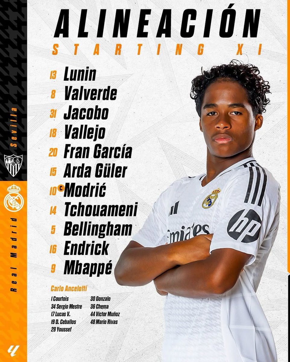 ALERTE 🚨: Vallejo est titulaire pour affronter Séville aujourd’hui. 
On est là pour accompagner le goat🐐

La charnière Vallejo-Jacobo va encore frapper.

Hala madrid 🤍🤍