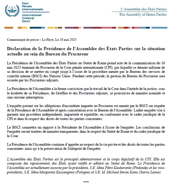 Déclaration de la Présidence de l'Assemblée des États Parties concernant la situation du Bureau du Procureur #StatutDeRome #CPI #AEP