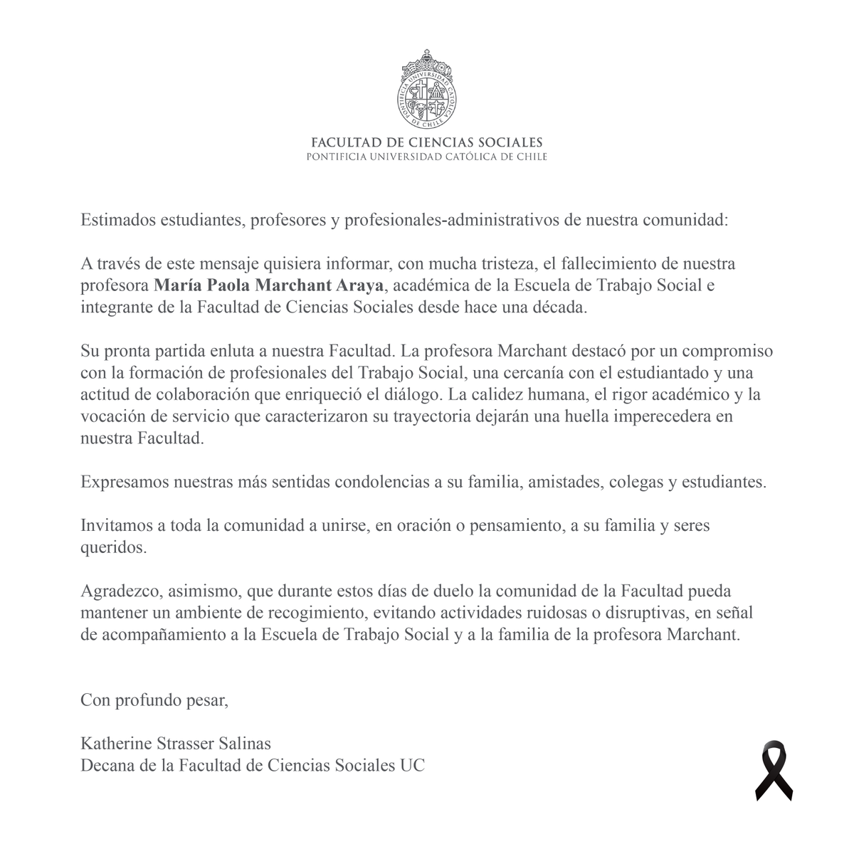 socialesuc's tweet photo. Con profundo pesar, informamos el fallecimiento de nuestra querida profesora María Paola Marchant Araya de la Escuela de @TSocialUC de la @ucatolica. 🕯️

Nuestros pensamientos y oraciones están con sus seres queridos en estos momentos difíciles. Que en Paz descanse. https://t.co/URrk0lsdzj