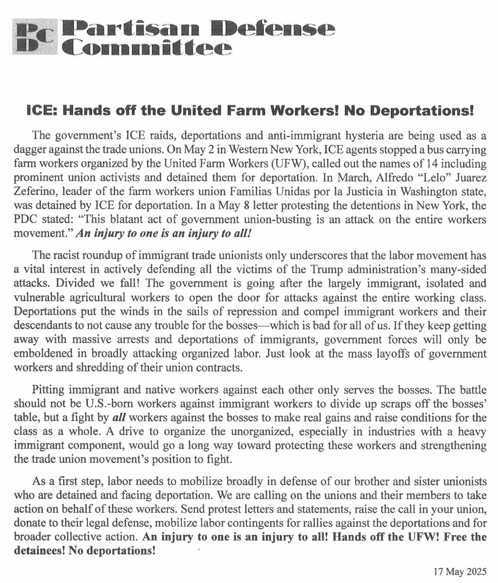 PDC statement: "ICE: Hands off the United Farm Workers! No Deportations!"
We are calling on labor to mobilize broadly in defense of our brother and sister unionists who are detained and facing deportation. "Send protest letters and statements, raise the call in your union, donate