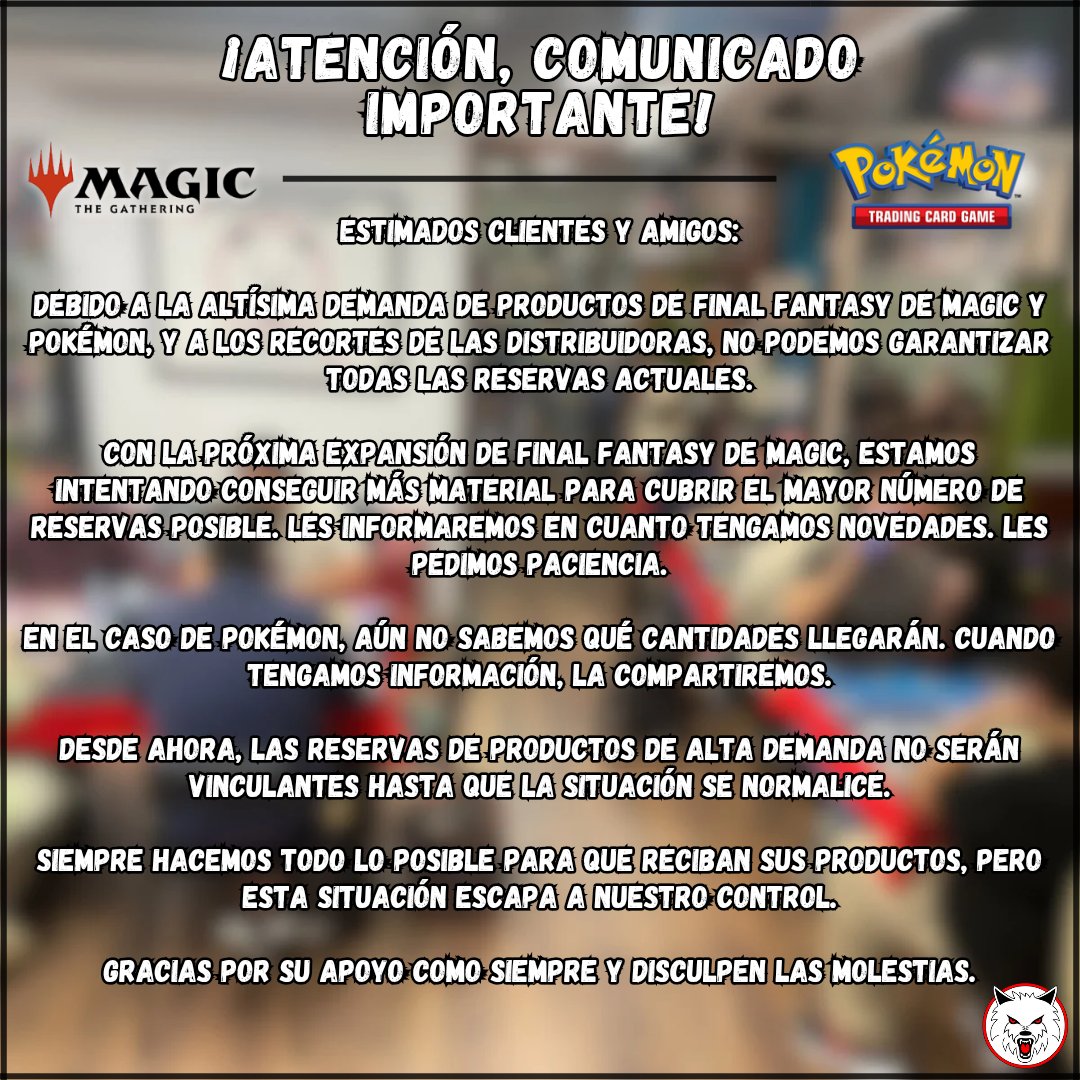 ¡ATENCIÓN, COMUNICADO IMPORTANTE!

Estimados clientes y amigos, 

Debido a la alta demanda de Pokémon y Final Fantasy de Magic, no podremos satisfacer todas las reservas.

Lean nuestro comunicado para más información.

Lamentamos las molestias que esto pueda ocasionar 🙏