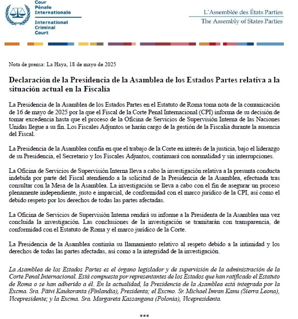Declaración de la Presidencia de la Asamblea de los Estados Partes respecto de la situación de la Fiscalía #EstatutoDeRoma #CPI #AEP